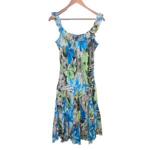 Joseph Ribkoff Floral Drop Waist Ruffle Dress Size 10 Blue Green